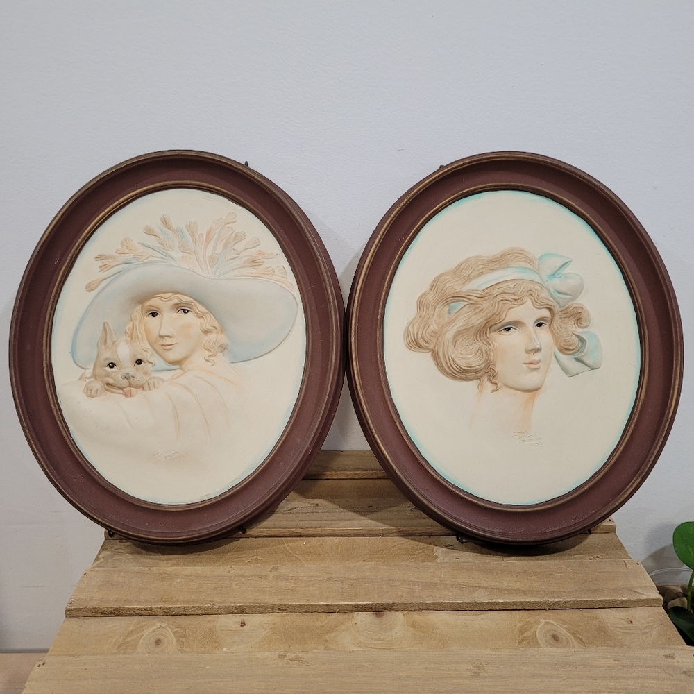 Erma Gilliland Duncan 2 Vintage Oval Wall Plaques with 3D Women Portraits